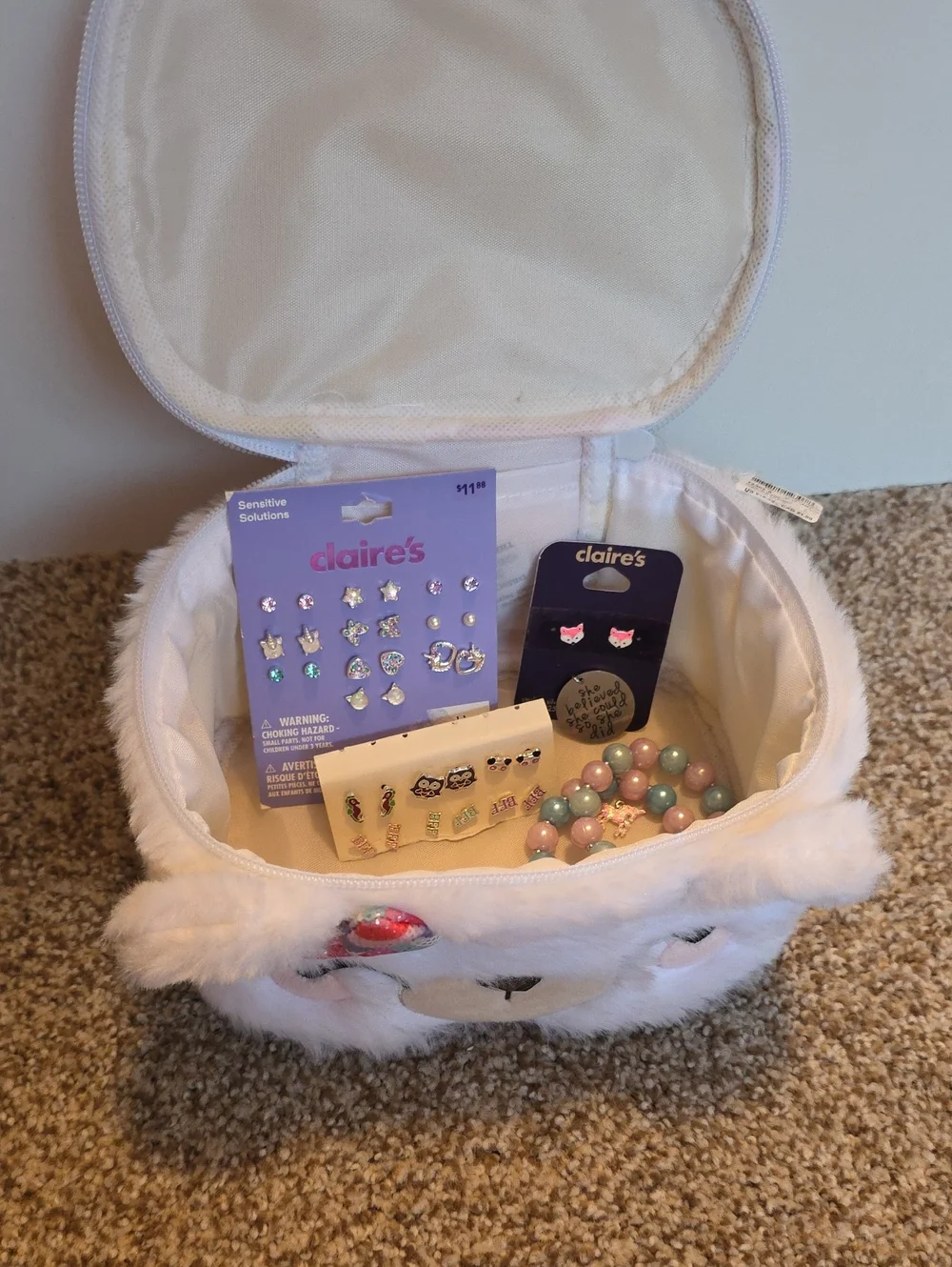 Claire's Fuzzy Makeup Bag And Girl's Stud Earrings And Pendants